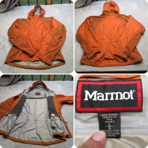 Marmot GoreTex Jacket Womens Large Orange Hooded Full Zip‎ Waterproof Ripstop - Picture 1 of 16